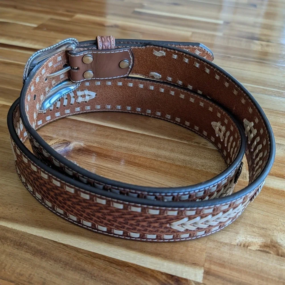 Nocona Mens Brown Leather Western Belt Basketweave Size 44 (For Pant Size 42)